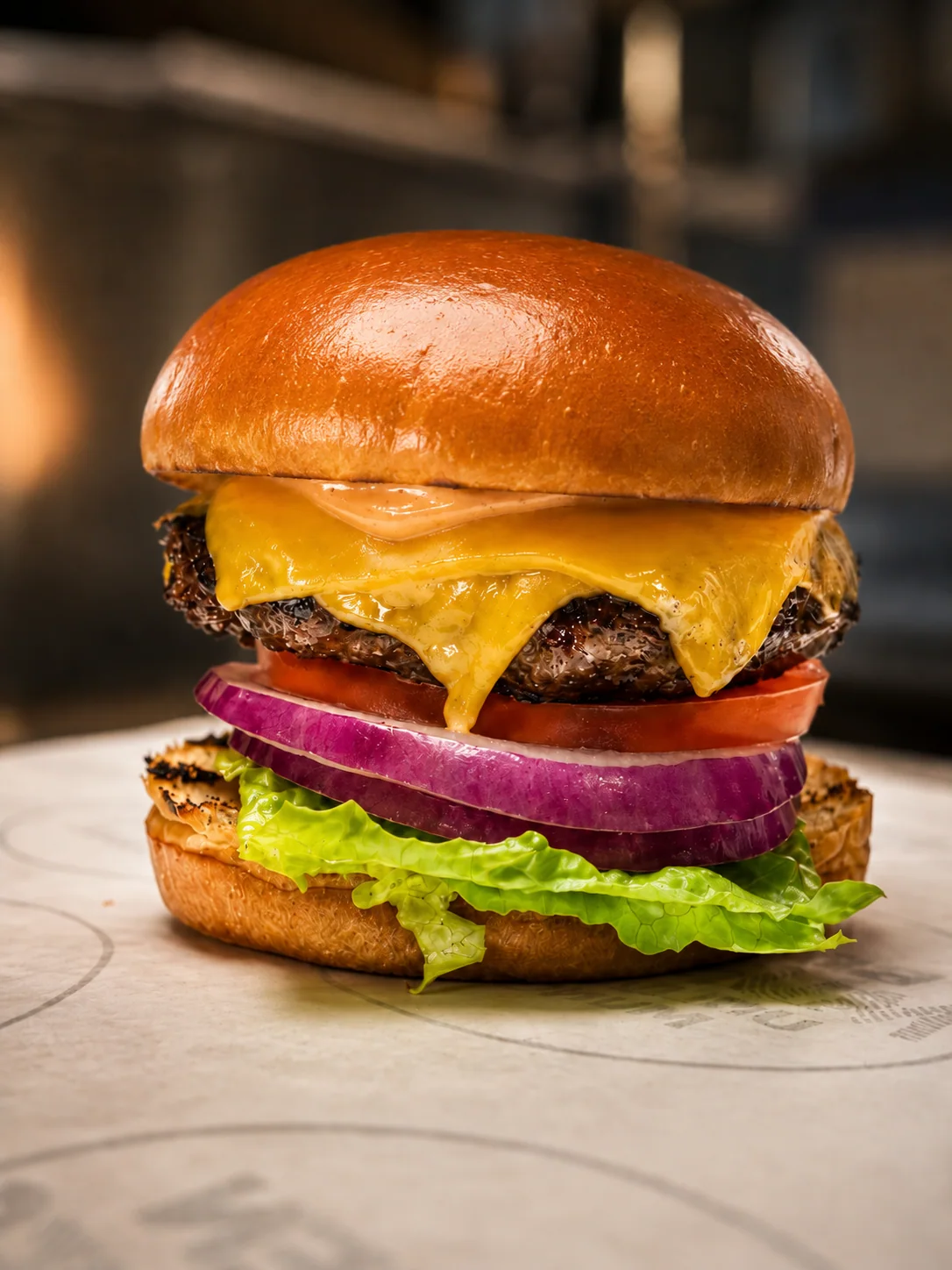 Bergen Munchies classic cheeseburger with lettuce, tomato, and red onion