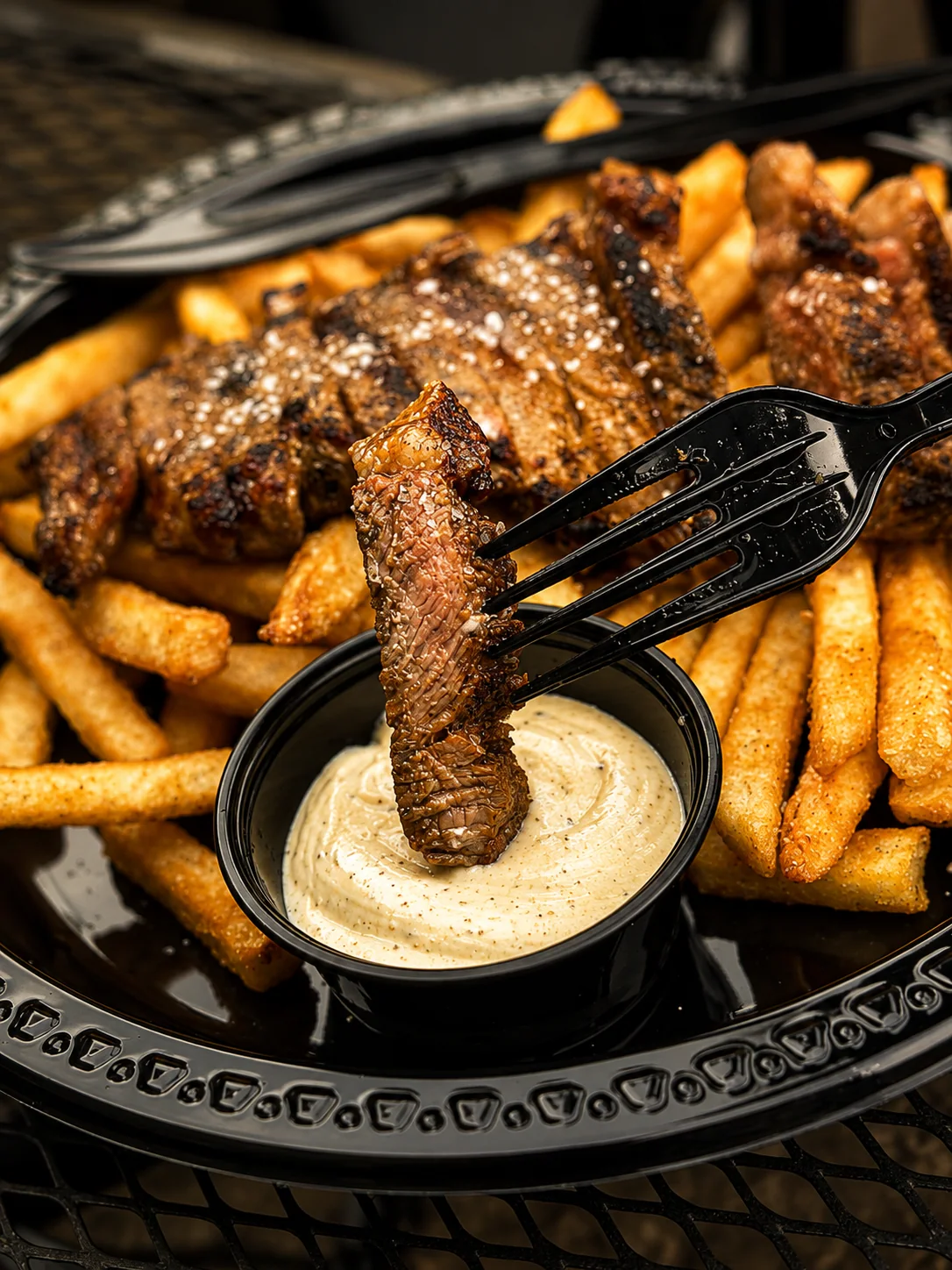 Grilled steak strips with seasoned fries and dipping sauce