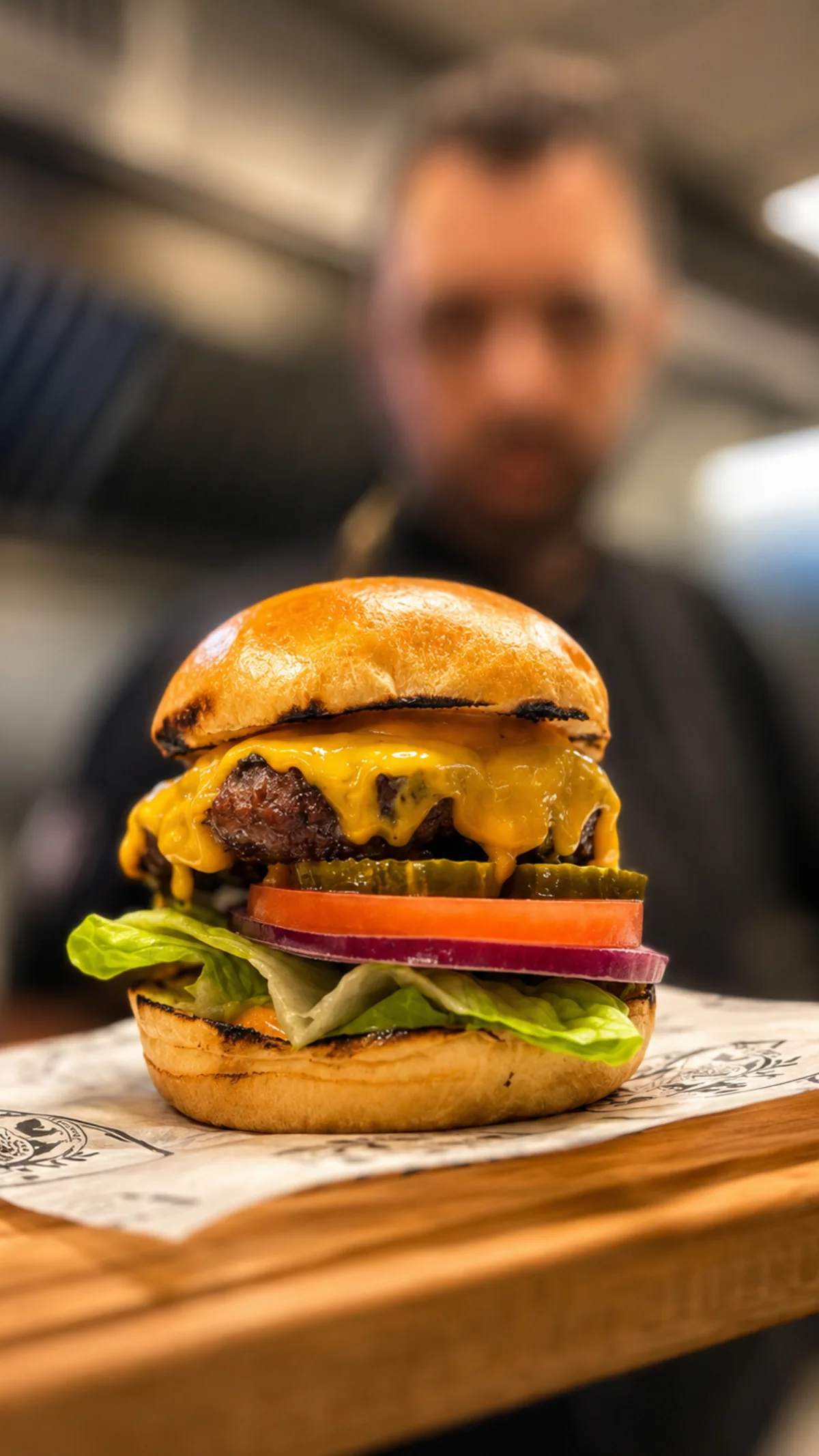 Bergen Munchies double cheeseburger with pickles, tomato, onion, and lettuce