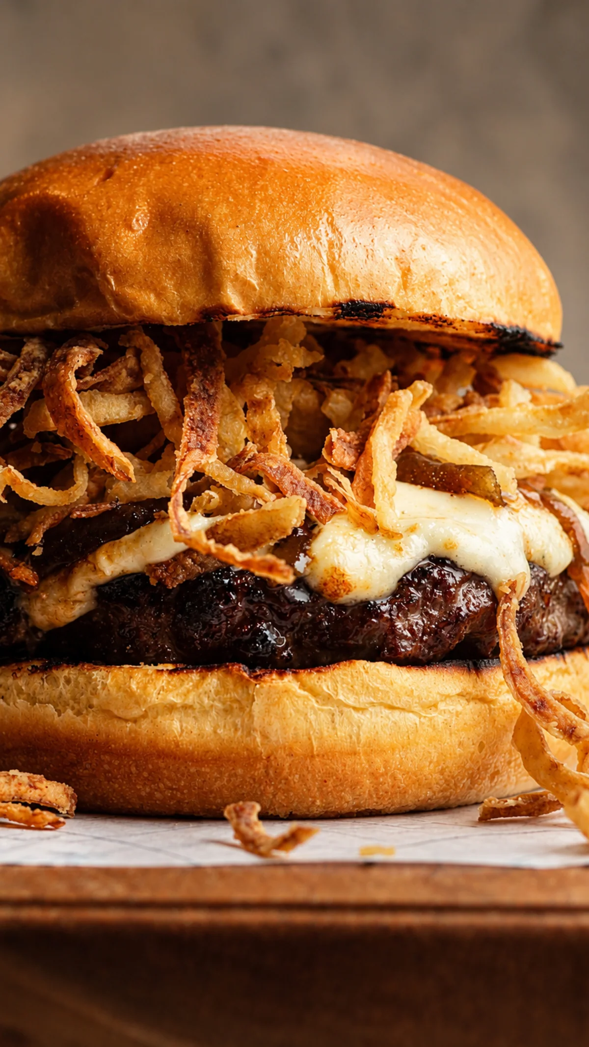 Bergen Munchies cheeseburger topped with crispy onions